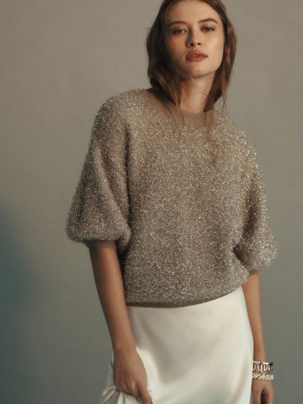 NWOT Maeve Anthropologie Gold Tinsel Sweater Short Sleeve Size M Retail $128